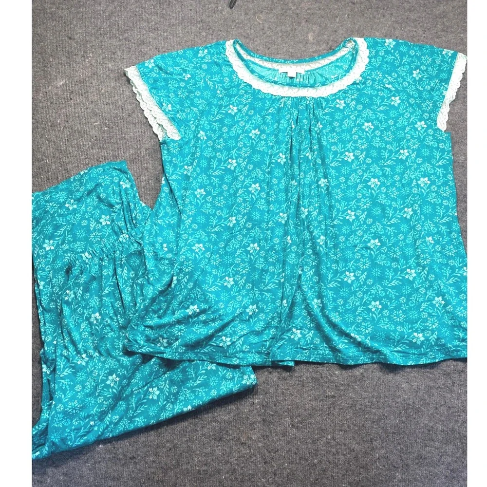 Dreams & Co Teal Floral Lace Trim Pajama Set Plus Size 3X 30/32 Short Sleeve PJ